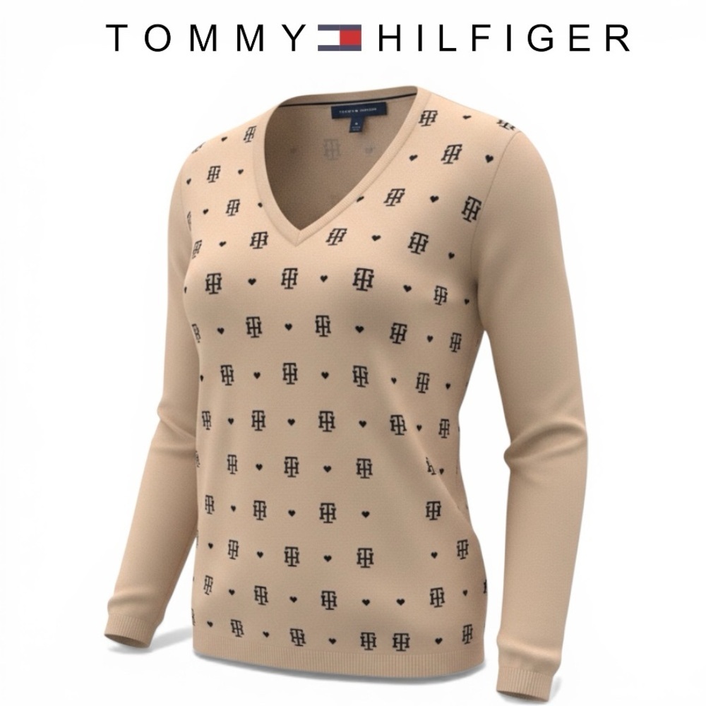 Tommy Hilfiger Beige V-Neck Logo Knit Pullover